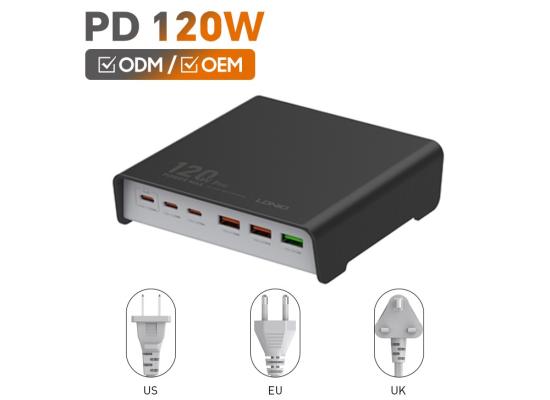 LDNIO Q605 120W 6 Ports USB C PD Tablet Laptop Fast Charger Multi-port High Power Desktop Charger US EU UK Plug Charger Adapter - Black